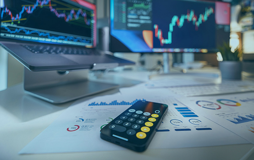A photo of the desk of a financial analyst
