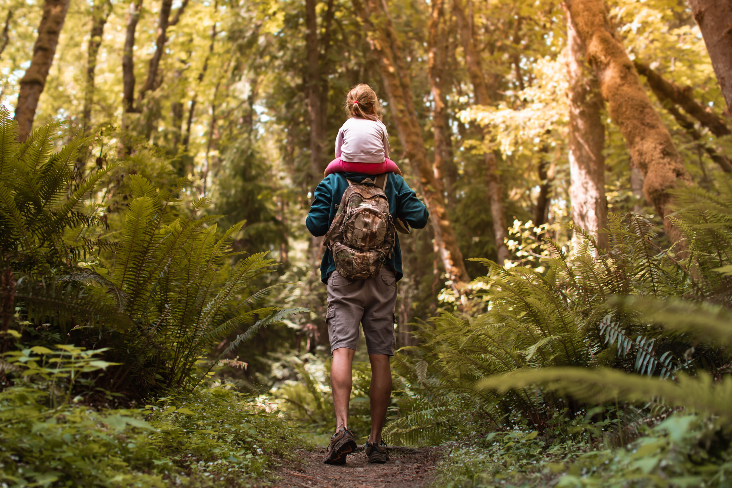 Man Holding Child Walking Through the Woods