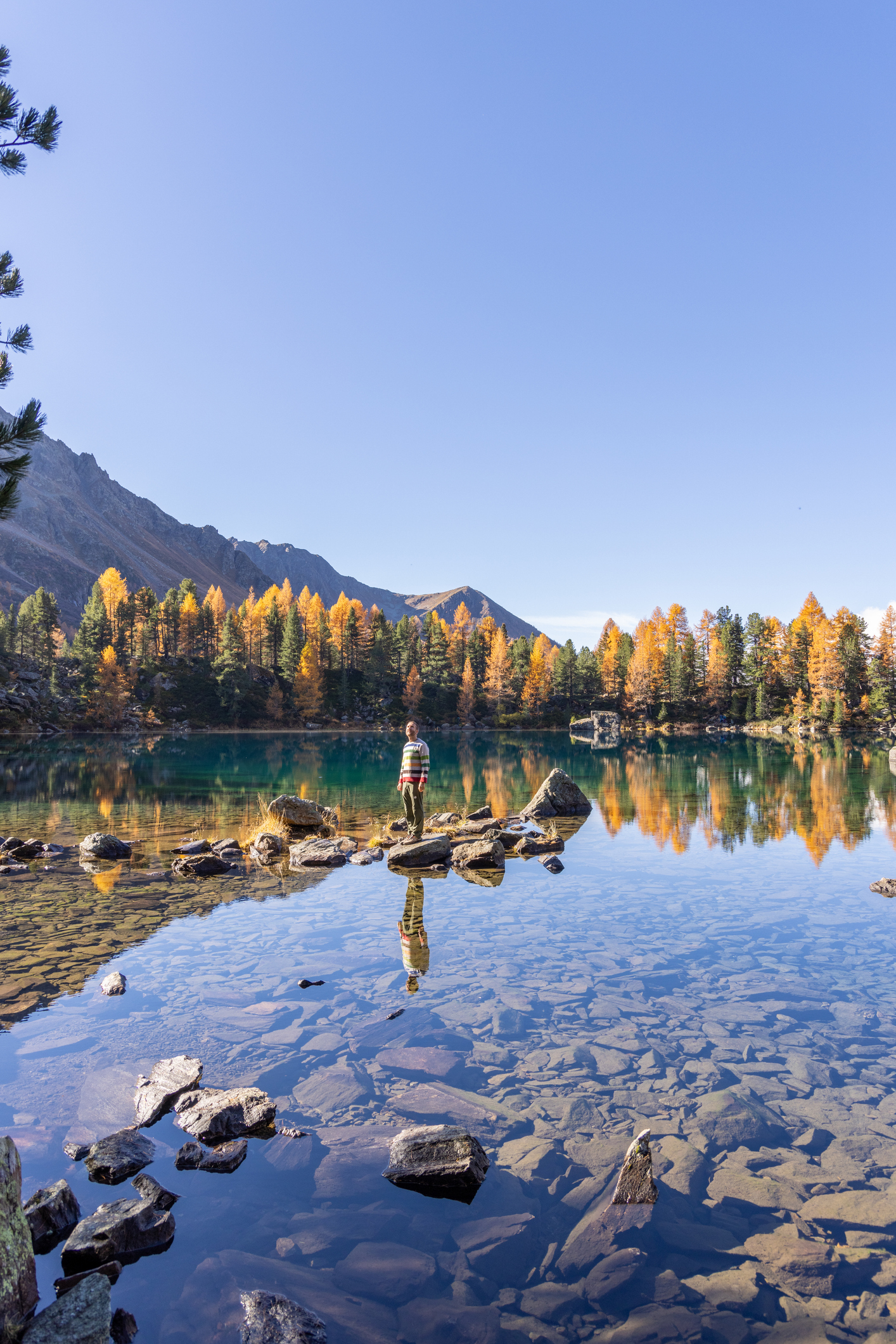 Person Standing by Crystal Clear Mountain Lake